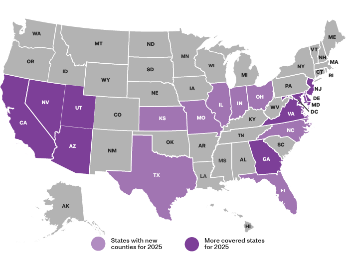 This map shows U.S. states with new coverage counties for 2025 and states with existing coverage counties. Go to “List of covered states” to find states with new and existing counties.